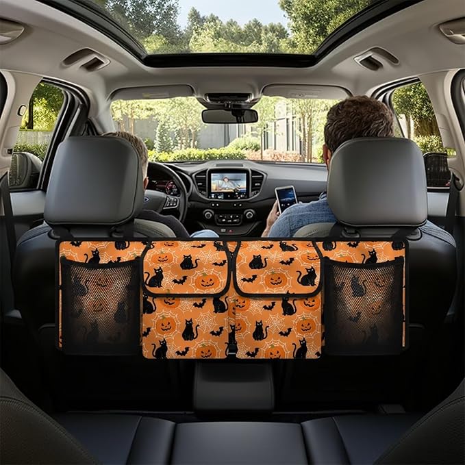 Car Trunk Organizer, Hanging Capacity Storage Bag Halloween Cats and Pumpkin Prints Car Back Seat Storage Bag Auto Interior Accessories for SUVs MPV Sedans Trucks Jeeps