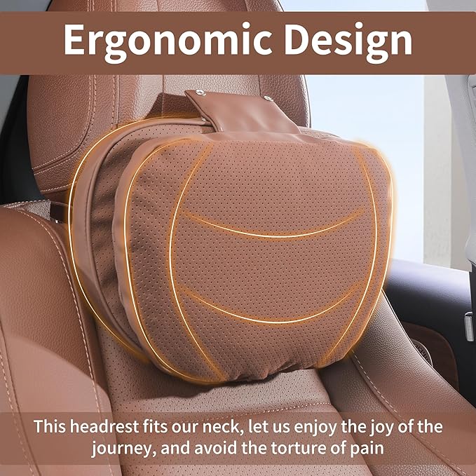Car Headrest Pillow for Driving, Dual-Sided Leather Design Neck Pillow, Breathable Softness Neck Support, Universal Fit Head Rest Travel Pillow, Brown, 1 Pack