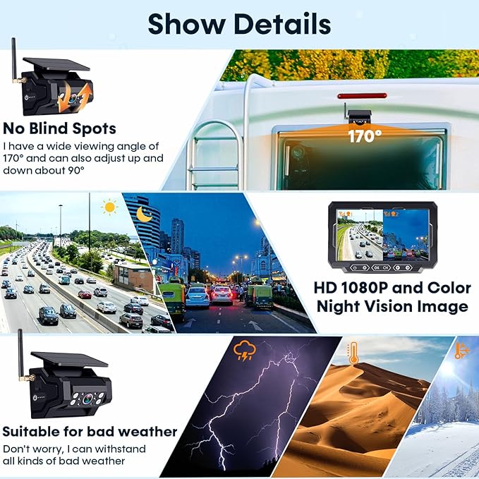 1080P HD Wireless Backup Camera: 1-Min Magnetic Easy Install No Wiring 7" Anti-Glare Monitor with Clear Night Vision - 24H Long Life Solar Scratch-Proof Rear View Camera for Truck Trailer SUV Small RV