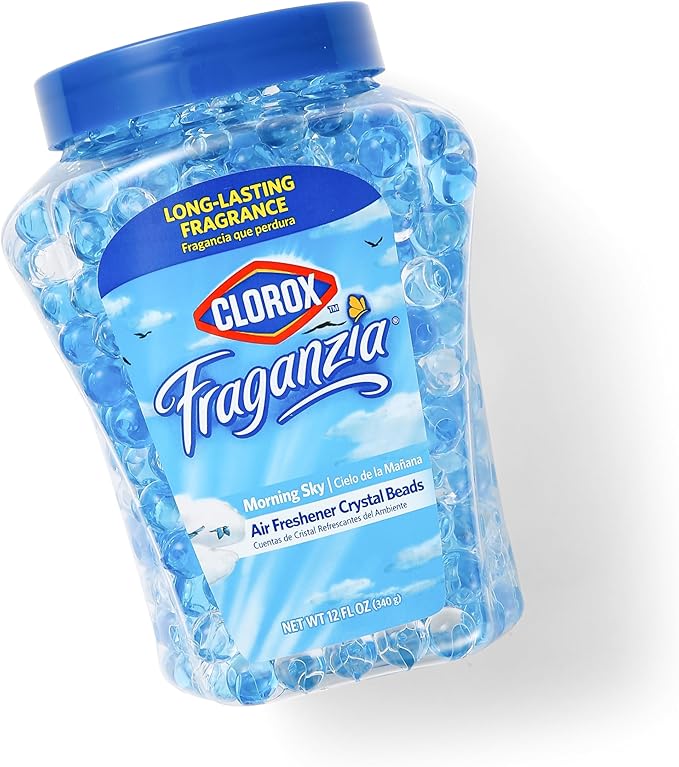 Clorox Fraganzia Crystal Beads Air Freshener, Long Lasting Room Deodorizer and Odor Eliminator Gel Beads to Freshen Home, Car, or Office, Morning Sky Scent, 12 Fl Oz - 12 Pack