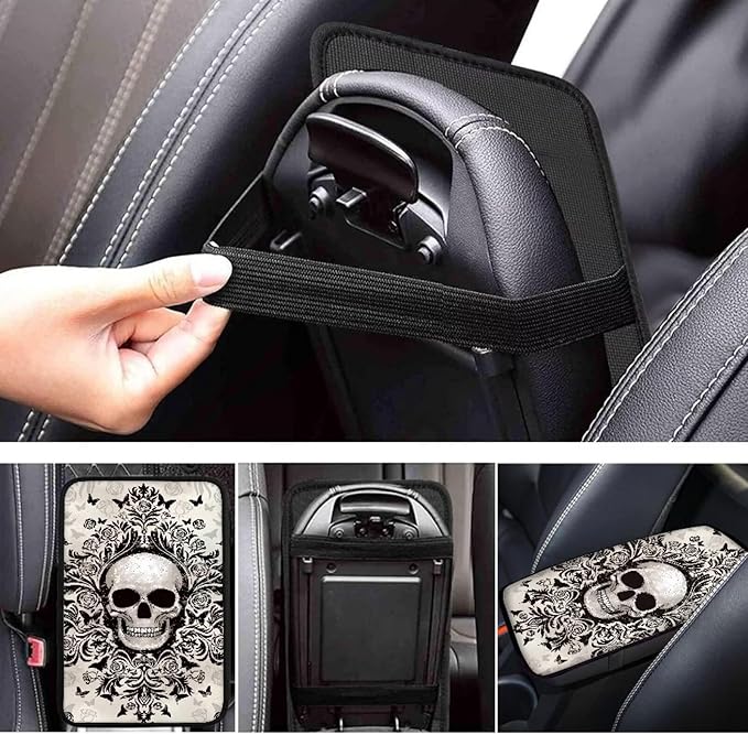 Dreaweet Gothic Skull Car Center Console Cover Universal Fit Scratch Resistant Arm Rest Cover for SUV Sedan Soft Comfort Armrest Cover Center Console Cushion Pad