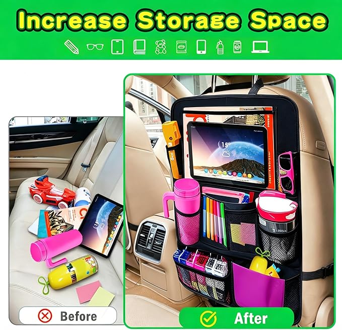 Car Organizer Kick Mats Back Seat Protector, Car Back Seat Organizer with Tablet Holder Pocket for Kids, Travel Accessories with 10 Storage Pockets, 2 Pack