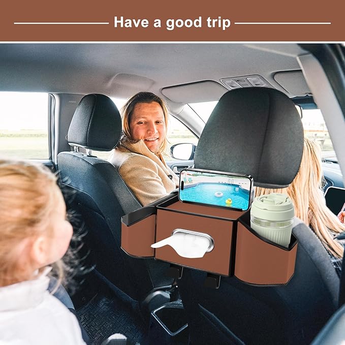 7-In-1 Car Seat Back Organizer with Cup Holders, Tissue Box, Garbage Can&Hooks, Multifunctional Headrest Storage Organizer, Headrest Cup Holder for Backseat, Car Accessories for Trips, Travels(Brown)