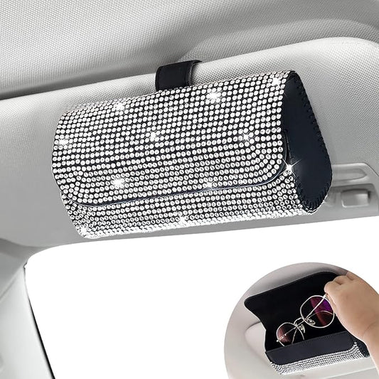 Accmor Bling Sunglasses Holder for Car Sun Visor, Sparkling Eyeglasses Car Visor Clip Storage Glasses Organizer Case, PU Leather Auto Sunglass Holder Protective Box for Truck, SUV, RV (White)