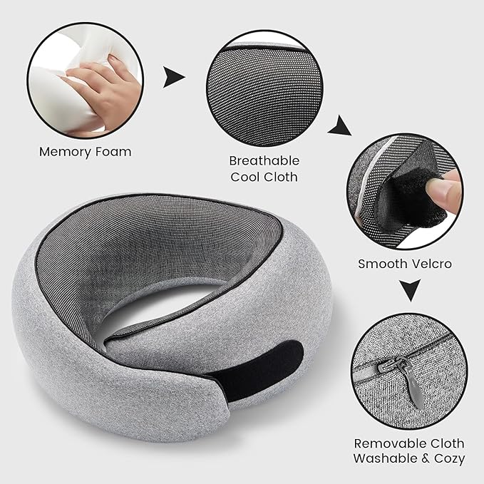 SZXYX Travel Pillows for Airplanes, 100% Pure Memory Foam Neck Pillow for Airplanes, Comfortable Breathable Cover, 360° Support Stowable Pillows for Sleeping, Car, Airport Travel Essentials, Max Grey