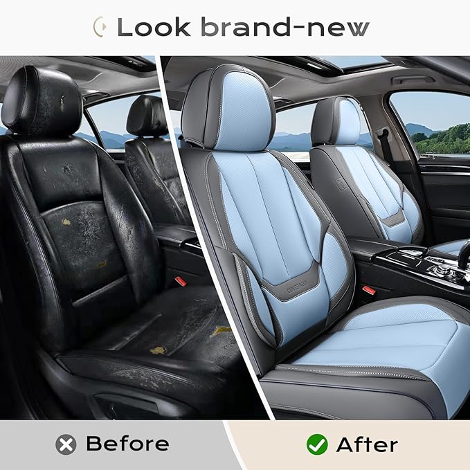 Coverado Seat Covers, Car Seat Covers Front Seats, Leather Seat Covers for Cars, Car Seat Protector Waterproof, Gray Car Seat Cushion, Front Carseat Cover Universal Fit for Most Cars Lightblue