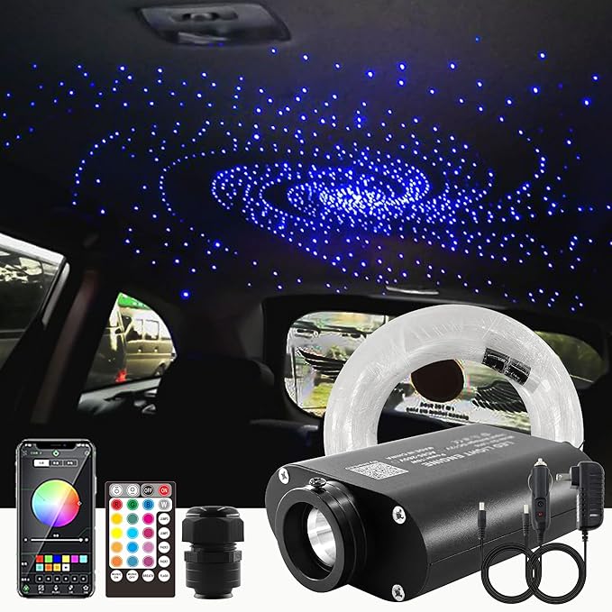 ATOKEE 16W Starlight Headliner Kit 550pcs 0.03in 13.1ft, Sound Activated Fiber Optic Lights for Car Roof Use, Controlled Via Bluetooth App / 28-Key RF Remote