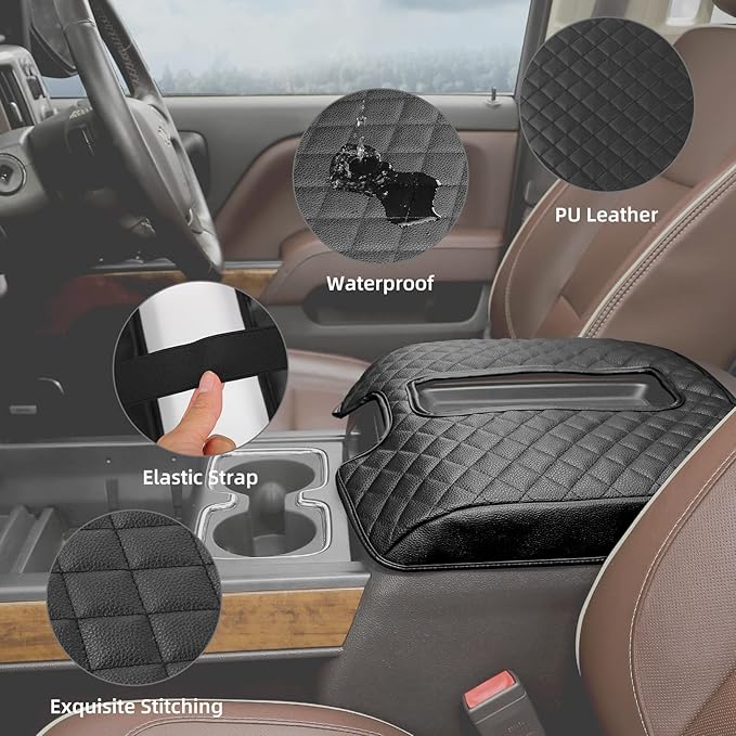 JeCar Center Console Pad PU Leather Armrest Cushion Cover Interior Accessories Compatible with Chevy Silverado/GMC Sierra/Suburban/Tahoe/GMC YUKON 2014-2018, Black