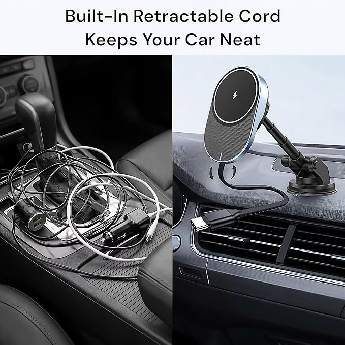IJS Magnetic Wireless Car Charger with Built-in Retractable Cable – Extendable Windshield & Dashboard Phone Mount – 15W Magsafe Compatible – Fast Charging for iPhone 17/16/15/14/13/12, Samsung, Pixel