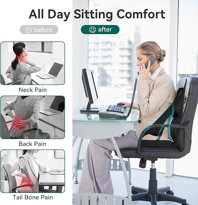 Memory Foam Lumbar Support Pillow, Car Seat Cushion, Office Chair Cushion, One Piece Chair Pad, Improve Posture, Sciatica, Hip & Back Coccyx Tailbone Pain