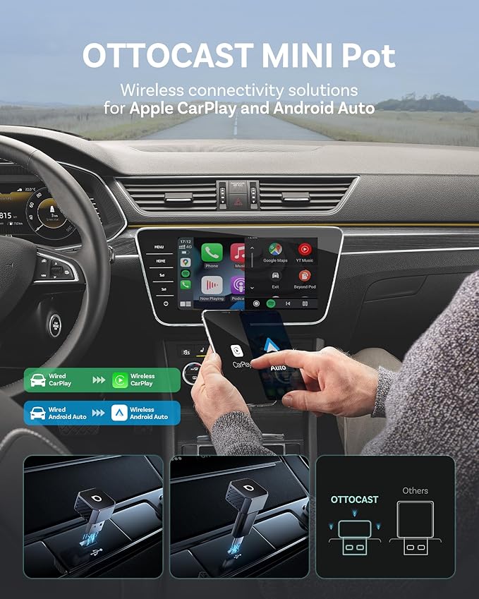 OTTOCAST Mini 3.0 (Pot) 2025 2-in-1 Wireless CarPlay/Android Auto Adapter, 5GHz WiFi, Auto Connect for 2016+ Cars
