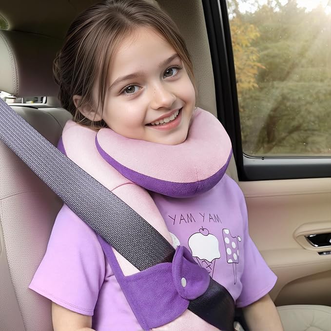 Kids Travel Neck Pillow, Toddler Travel Pillow for Car & Airplane and Head & Chin Support, Comfortably Travel Neck Pillow for Road Trip Sleeping, Gifts for Toddler/Kids (Deep Purple & Light Purple)