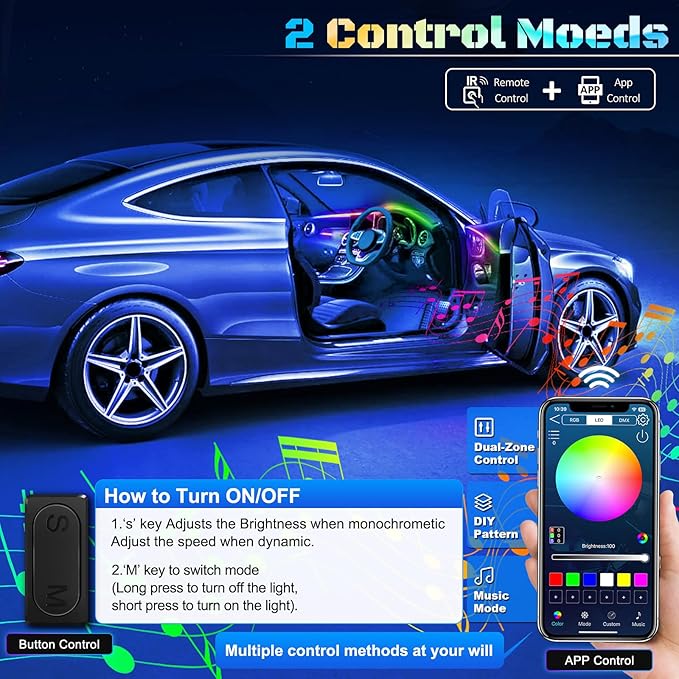 Dreamcolor Acrylic Interior Car LED Strip Light with Wireless APP, RGB 6 in 1 with 175 inches 593 LEDs Fiber Optic Strip Lights for Car, Music Sync Neon Car Ambient Neon Lighting Kits