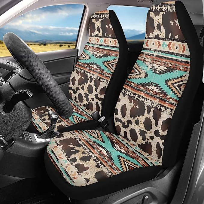 Car Seat Covers Front Seats Only for Women Men Auto Seat Covers Set of 2 Pack Bucket Cover for Cars SUV Truck Sedan, Easy to Install（Aztec Ethnic Cow Leopard Print 83）