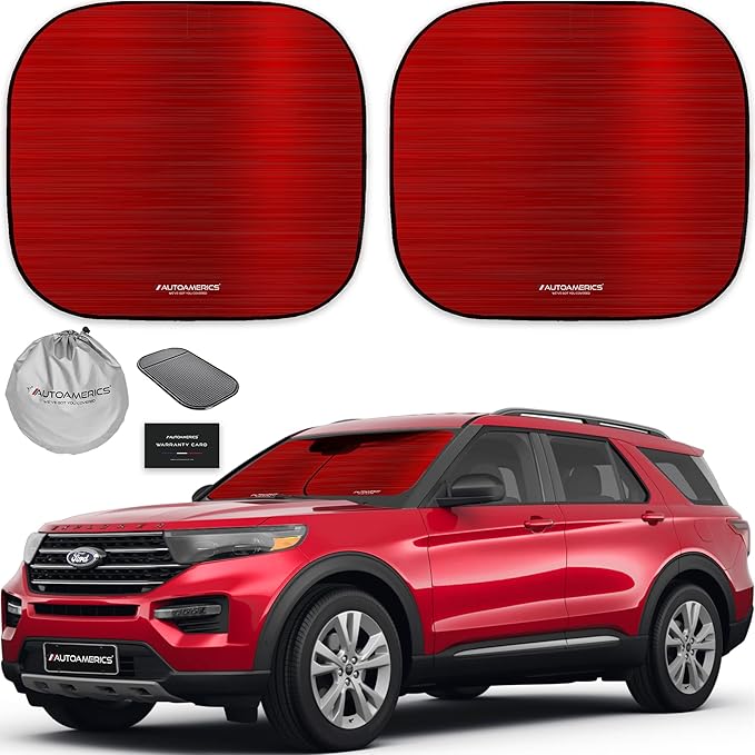 Autoamerics 2-Piece Windshield Sun Shade - Metallic Red Foldable Car Front Window Sunshade for Most Cars SUV Truck Heat Blocker Visor Protector Blocks Max UV Rays and Keeps Your Vehicle Cool - Medium