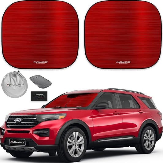 Autoamerics 2-Piece Windshield Sun Shade - Metallic Red Foldable Car Front Window Sunshade for Most Cars SUV Truck Heat Blocker Visor Protector Blocks Max UV Rays and Keeps Your Vehicle Cool - Medium