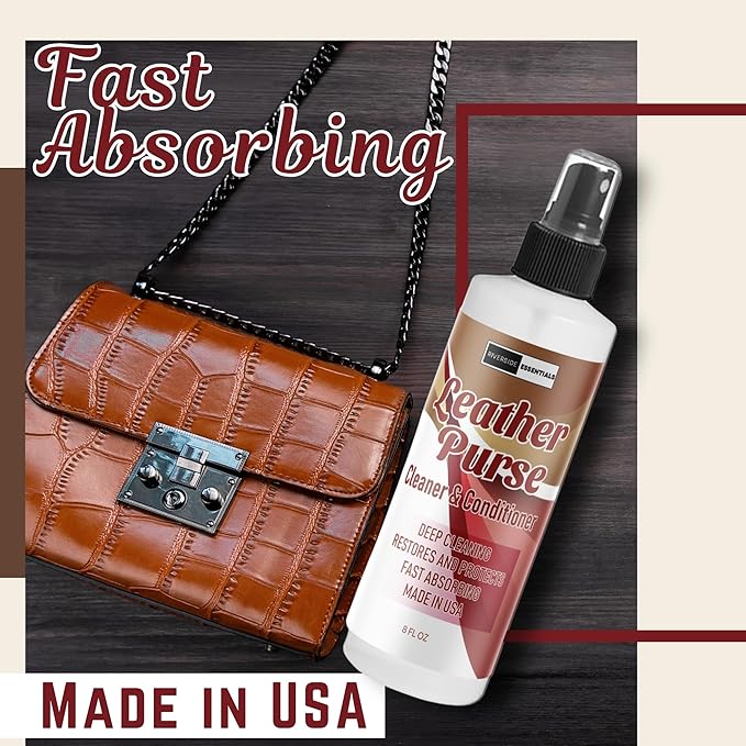 8oz Leather Purse Cleaner & Conditioner – 3-in-1 Spray for Handbags, Designer Bags & Luxury Purses – Deodorizes, Cleans, Conditions & Restores Leather – Safe on Finishes