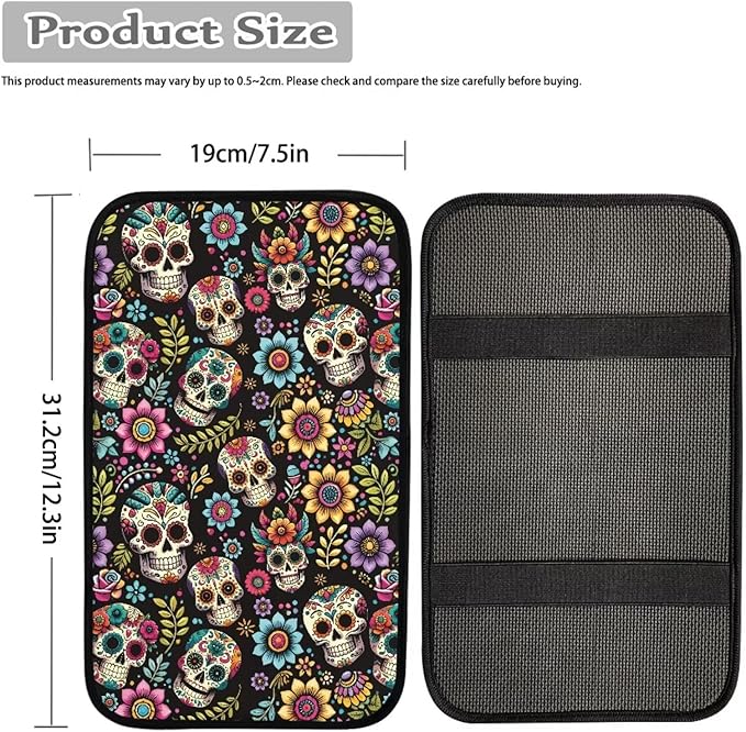 Dreaweet Hippie Flower and Skull Print Center Console Cover for Car Comfy Anti Scratch Armrest Cover Cushion Pad Universal Car Arm Rest Cover for SUV Truck Van