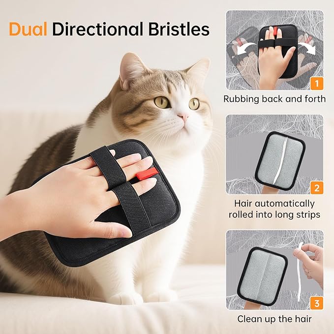 2 Pcs Pets Static Removal Gloves, Reusable Cat Dog Electrostatic Hair Remover Grooming Glove Tool (1 Pcs Black+Red)