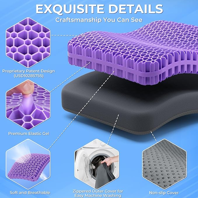 TushGuard Gel Seat Cushion for Long Sitting, Enlarged & Thickened Patent Design Office Chair Seat Cushion, Breathable Cooling Pads for Chairs, Soft Car Cushions for Wheelchair(X-Large, Grey)