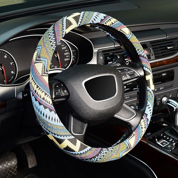 KAFEEK Boho Steering Wheel Cover for Men Women,Ethnic Style, Breathable, Anit-Slip, Car Steering Wheel Protector Cloth Bohemian Universal Fit 14.5-15 Inch