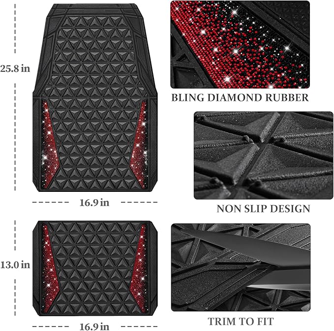 CAR PASS Bling Diamond Car Mats Rubber Floor Mats Full Set Anti-Slip 3D Rhombus Waterproof Trim to Fit Liner Universal Glitter Crystal Sparkly Shining Rhinestone Girl Women SUV Sedan Van, Black Red