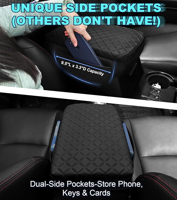 Armrest Cover for Toyota 4Runner Center Console Pad with Organizer Storage Pockets, Black Faux Leather Arm Rest Lid Protector Cushion Interior Accessories (2025-2026)