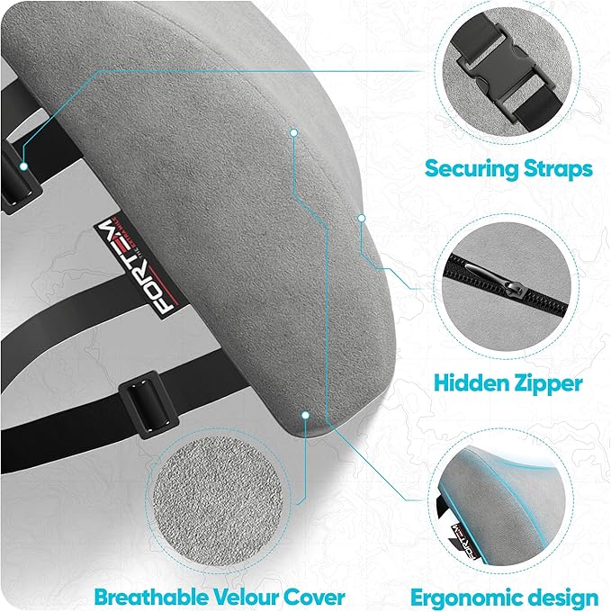 FORTEM Lumbar Support Pillow for Office Chair, Lumbar Support Pillow for Car, Back Rest for Gaming, Memory Foam Pillow, Desk Chair Cushion, Breathable & Washable Cover, Adjustable Straps