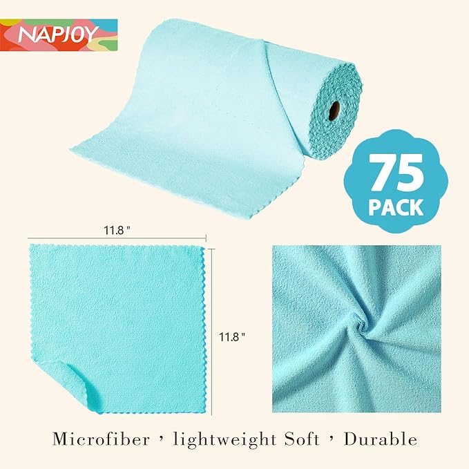 Napjoy Microfiber Cleaning Cloth Roll, 75PK Easy Tear Away Reusable Paper Towels, 12" x 12", Lint-Free and Scratch-Free with Patented Fiber Technology Microfiber Towel Roll, Blue