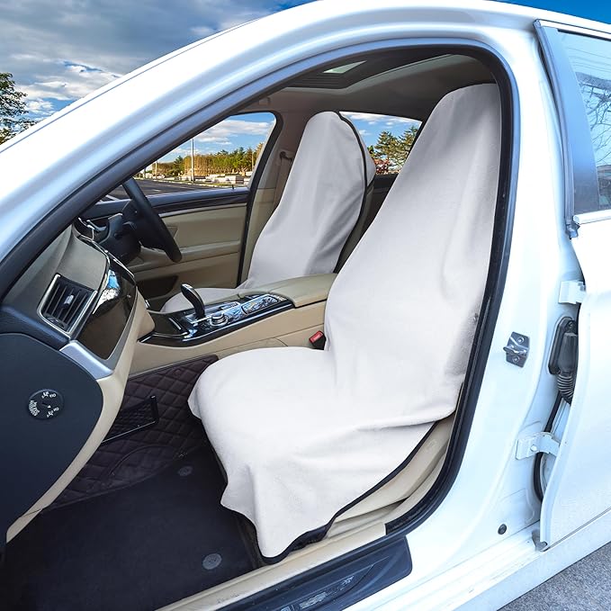 Car Seat Covers 2pcs White Waterproof Towel Car Seat Cover Universal Fit for Most Trucks SUV Fitness Athletes Pets Gym and Water Sport