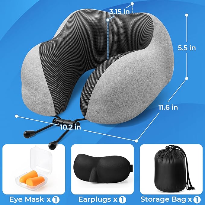 Travel Pillow, Travel Pillows for Sleeping Airplane, Neck Pillow Airplane, Memory Foam Neck Pillow Set with Eye Mask, Earplugs and Storage Bag -Light Grey