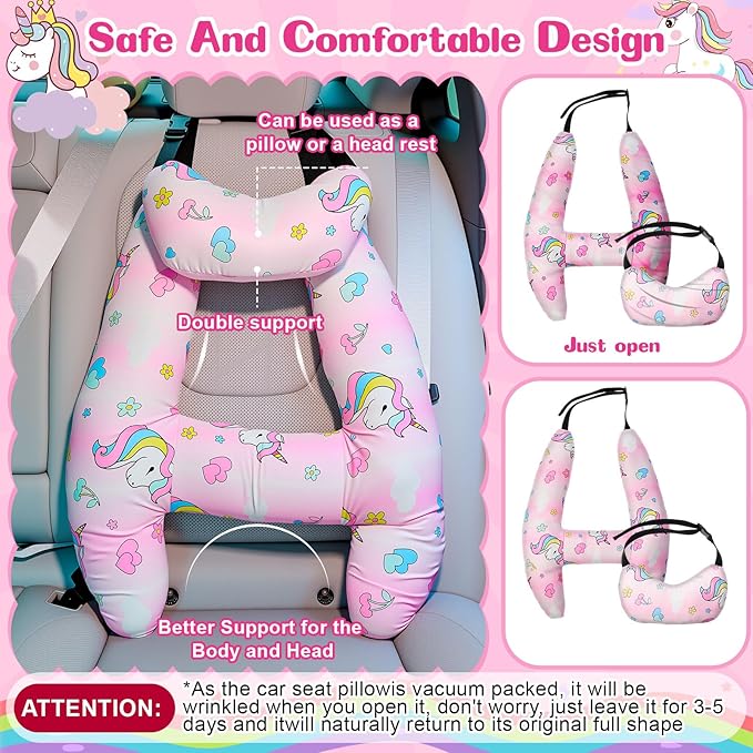 Chunful H-Shape Car Seat Pillow for Kids Car Travel Pillow for Kid Children Vehicle Sleeping Head Support Back Seat Adjustable Head Neck and Shoulder Support for Long Trips Sleeping (Unicorn)