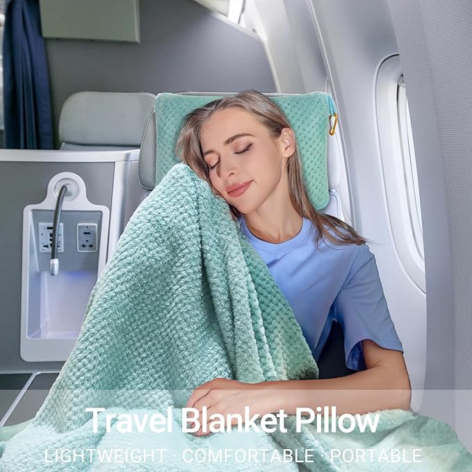 Compact Travel Blanket for Airplane, Premium Soft 2-in-1 Blanket with Pillowcase and Carry Bag, Lightweight Travel Essentials with Luggage Sleeve and Backpack Clip, Mint Green