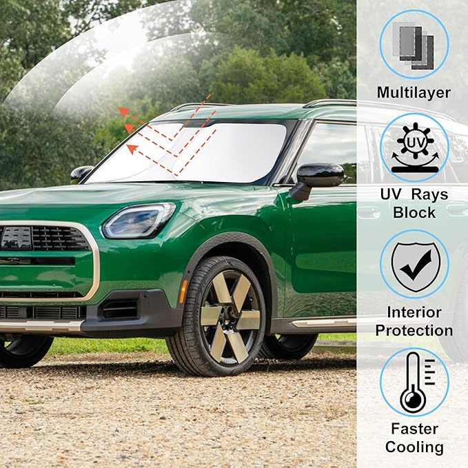 Windshield Sun Shade Custom Fit for 2017-2024 2025 2026 Mini Countryman Cooper F60 SUV Accessories Foldable Sunshade Sun Blocker Protect Car from Sun Rays & Heat Damage Keep Car Cooler