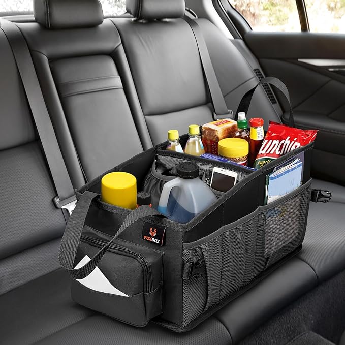FoxBox Car Seat and Trunk Organizer, SUV Front or Back Seat Storage - Passenger Floor, Under or Between Seats Organization, Car Gifts for Men and Women (Black)