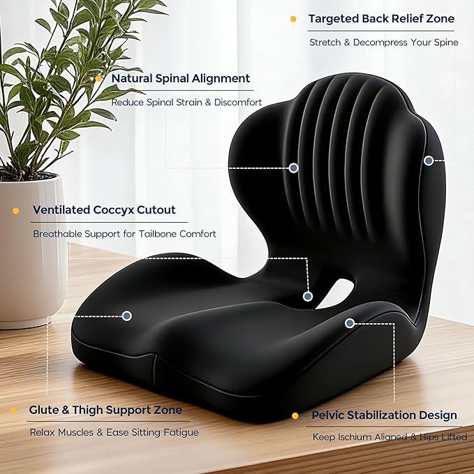 Seat Cushion for Office Chair and Car, L-Shaped Ergonomic Seat Cushions,Memory Foam Orthopedic Cushion with Coccyx Hollow,Lumbar Support & Tailbone Pain Relief for Car, Truck, Home,Gaming Chair,Black