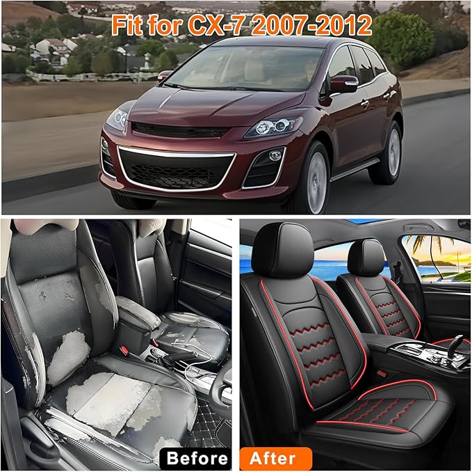 CX-7 Car Seat Covers Fit for Mazda CX-7 2007-2012, Full Coverage Premium Leather Waterproof Breathable Seat Covers, Automotive Seat Protectors, Airbag Compatible(2 Front Seats, Black & Red)