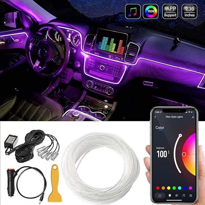 Monster Bluetooth Sound Reactive RGB Fiber Optic Car Interior Lighting Kit, Use Remote/Downloadable App to Customize, Sound-Reactive Mode, Easy Installation, 13ft Cable/12V Adapter Included, 4-Pack