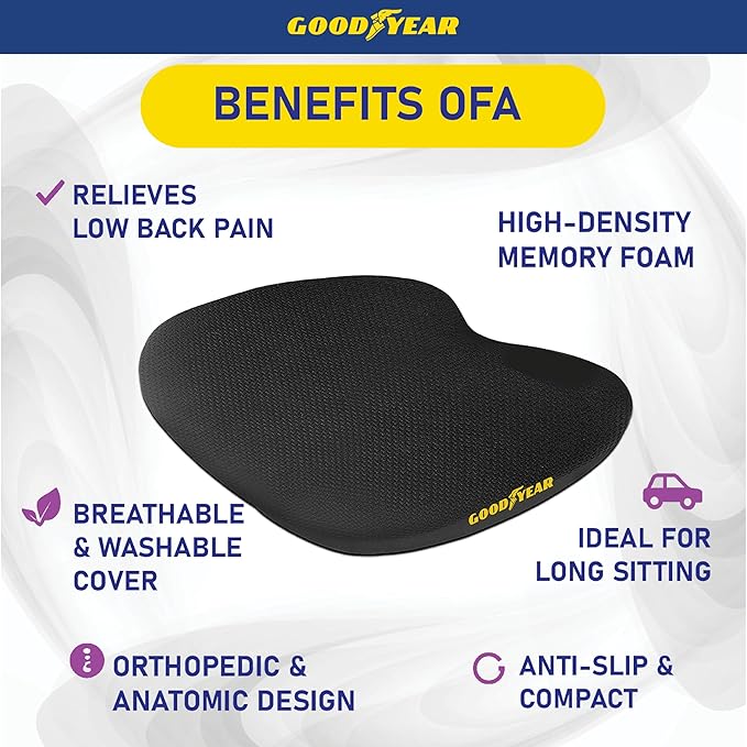 Goodyear Memory Foam Car Seat Cushion – Gel Seat Cushions for Office Chairs, Tailbone Pain Relief Cushion, Cooling Pillow, Slim Fit Car Seat
