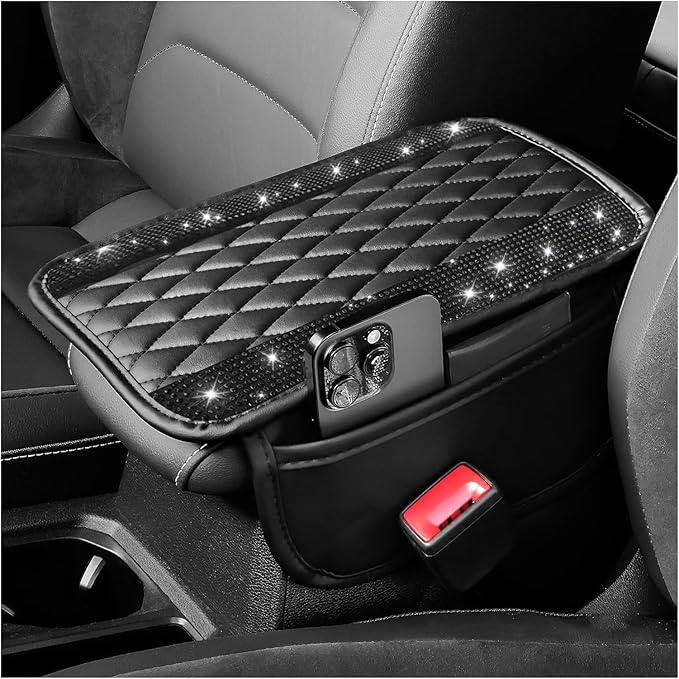 Car Center Console Cover with Diamond Grid Design,Bling Armrest Cover Cushion with 2 Storage Bags,Soft Leather Arm Rest Cover for Car Interior Accessories (Black + Black)