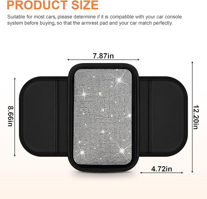 Bling Car Center Console Cover Custom Fit for Jeep Wrangler - Leather Armrest Cover with 2 Storage Pockets and Crystal Rhinestones(Black)