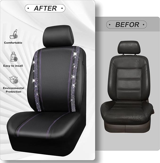 CAR PASS Bling Diamond Car Seat Covers Full Set,Shining Rhinestone Waterproof Faux Leather,Rear with Zipper,Universal Fit Automotive Glitter Crystal Sparkle Strips for Women,Violet Purple Rhinestone