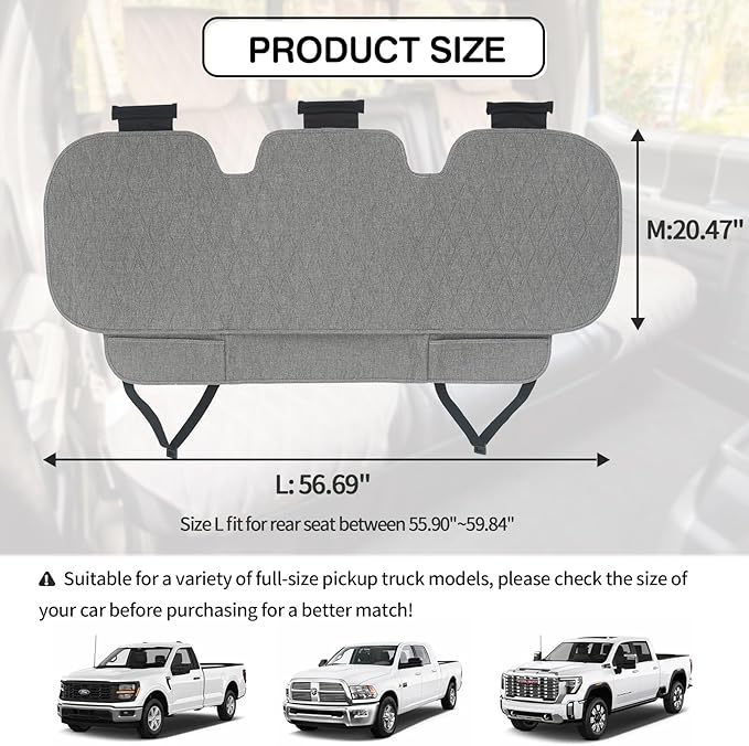 Universal Grey Anti-Slip Rear Car Seat Cover Size L - Faux Linen Bottom Bench Seat Cushion Fits Most of Vehicles Cars Truck SUV Van - Automotive Long Back Seats Protectors with Storage Pocket