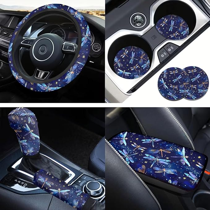 Blue Dragonfly Print 6pcs Car Steering Wheel Cover Set for Men Women Auto Interior Accessories Cup Holder Armrest Pad Seatbelt Cushion Fit for SUV Truck Vans