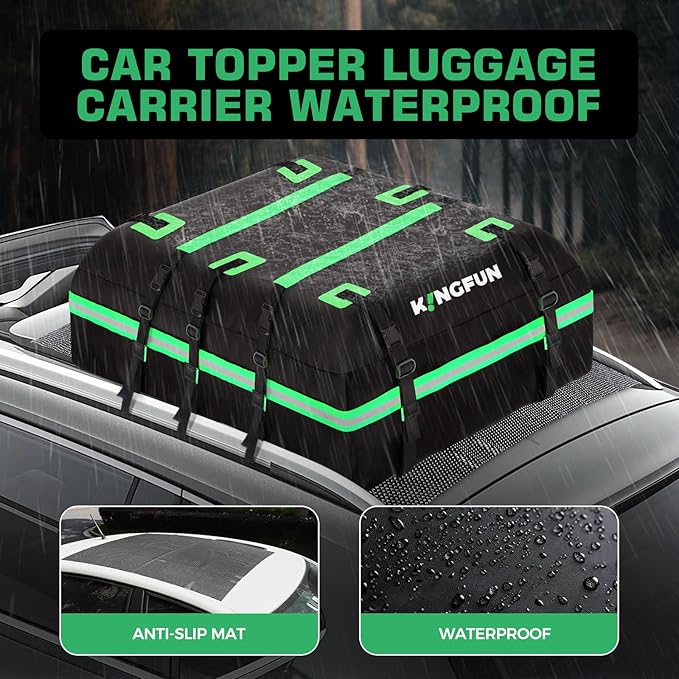 Car Rooftop Cargo Carrier Bag, Waterproof 21 Cubic Feet Car Roof Luggage Carrier for All Vechicles with/Without Racks, Includes Anti-Slip Mat, 8 Reinforced Straps, 6 Door Hooks, Luggage Locks (Green)