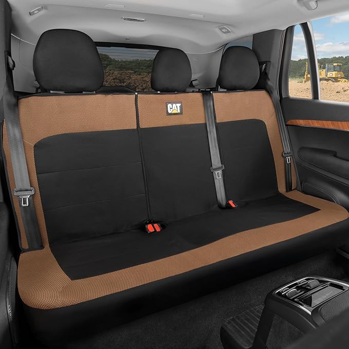 Cat MeshFlex Beige & Black Rear Seat Cover for Car – Durable Canvas & Mesh Design 60/40 Split Bench Protector for Cars, Trucks & SUVs – Back Seat Cover for Rear Bench – Interior Car Accessory