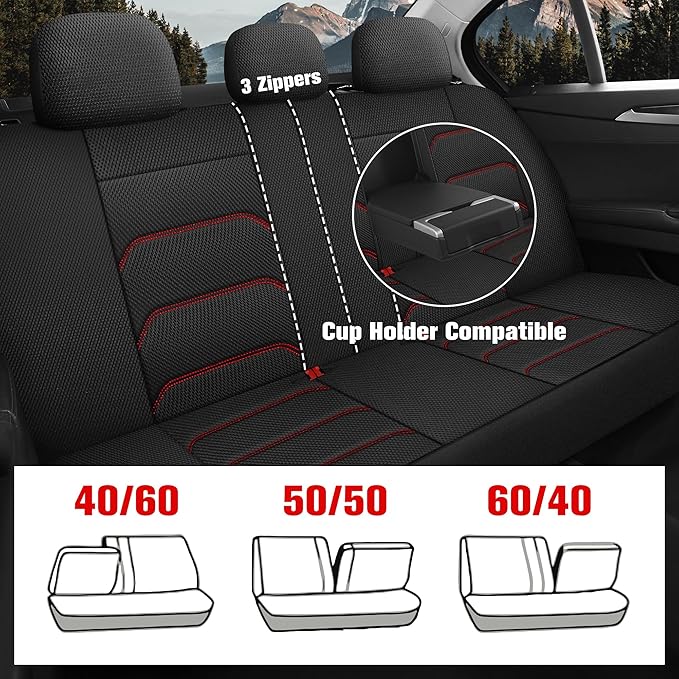 CAROMOP 3D Air Mesh Car Seat Covers Full Set,Breathable and Durable Seat Covers for Cars,Split Bench Compatible,Universal Fit for SUV,Vans,sedans, Trucks, Automotive Interior Covers(5-Seat Black/Red)