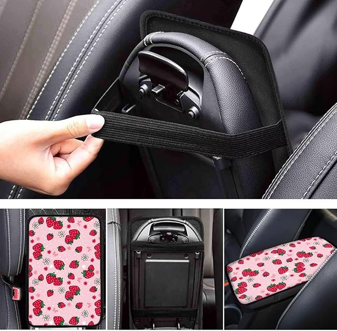 Strawberry Car Center Console Cover for Women Soft Comfy Car Arm Rest Cover Pad Universal Non-Slip Armrest Covers for Truck Van SUV