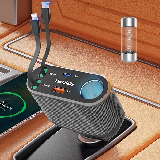 Car Cigarette Lighter Splitter Charger, Fast Car Phone Charger with 1-Socket(100W) Charging Adapter and USB C Coiled Cable for iPhone 17 16 15, Galaxy S25 Ultra/iPad/GPS/Dash Cam/Laptop