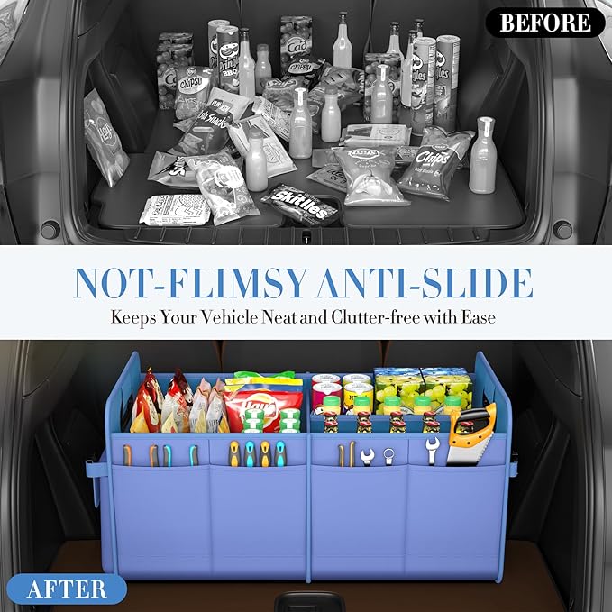 titiyiof Trunk Organizer For Suv & Sedan,Car Organizers and Storage, Waterproof Collapsible & Adjustable Straps,75L Sturdy Car Organization for Car Accessories, Tools,Sundries,2-3 Compartment（Blue）